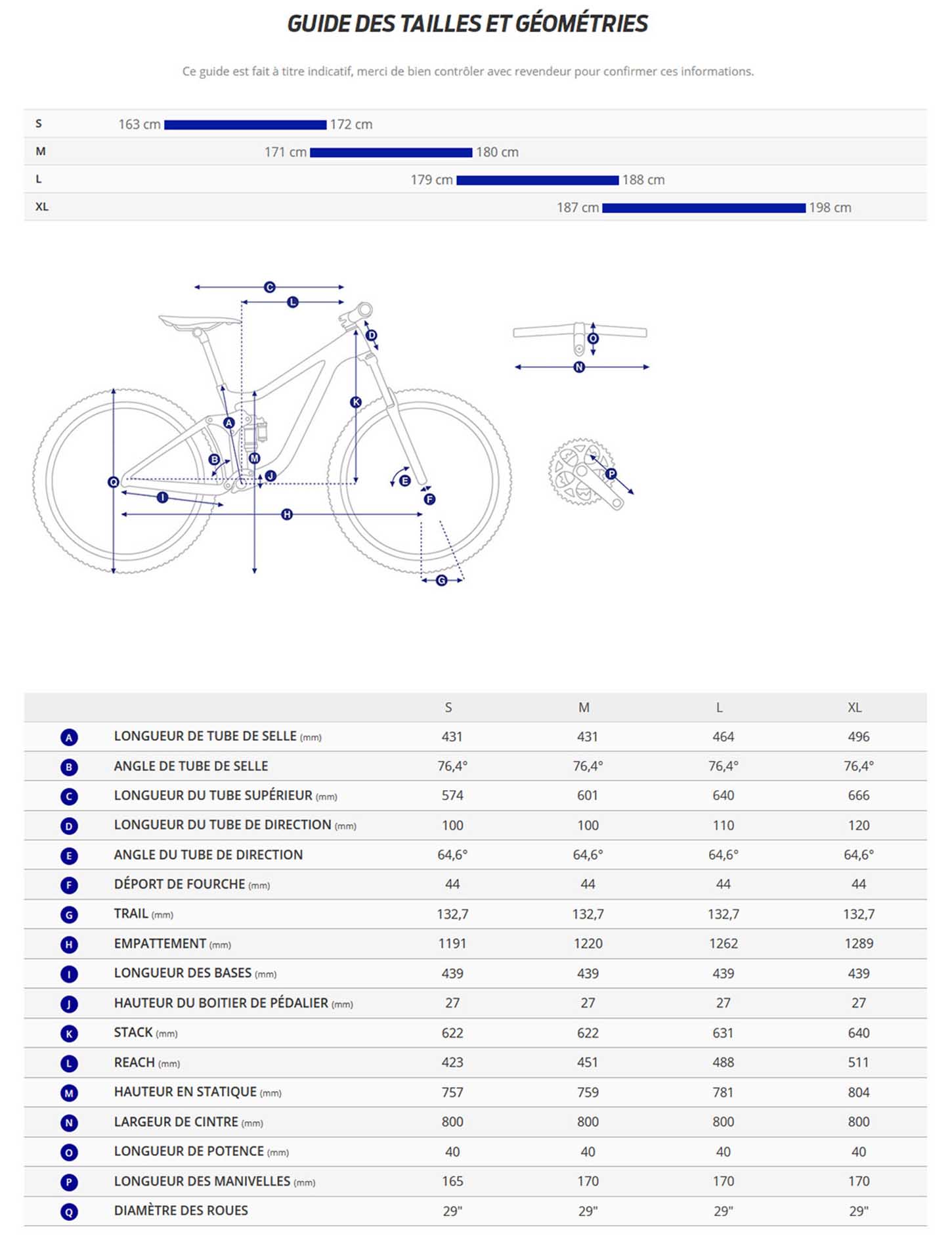 Guide de taille du velo Reign 29 année 2022